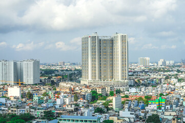 Ho Chi Minh City, Vietnam - May 2, 2023: colorful street with numerous hotel,  shop sign boards and...