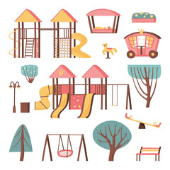 A set of play complex for a princess girl. Fun games outside.  A carriage gazebo with a horse for the princess, fun slides and a sandbox with a canopy. Flat vector illustration