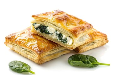 Feta and spinach filled puff pastry squares on white background