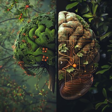 A conceptual image of a brain split into contrasting halves, one lush and organic, the other mechanical and circuitlike, representing the mindmachine interface