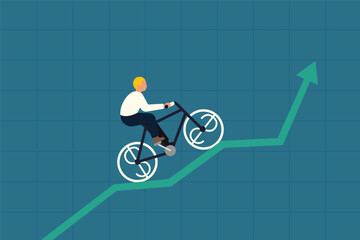 Businessman Climbing Stock Chart, Riding Bicycle on Arrow.
