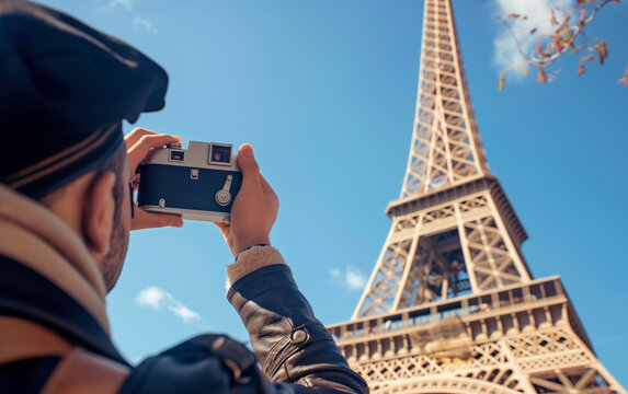 A closeup of the hands holding a camera, showing him taking pictures with his vintage Leica M3 at an angle looking up towards Paris' Eiffel Tower