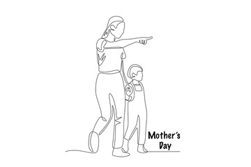 Mother taking her child for a walk. Mothers day concept one-line drawing