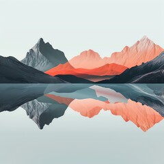 A minimalist design featuring a mountain landscape reflected in a lake, where the reflection shows a different, perhaps urbanized, version of the mountain, discussing nature and its altered states