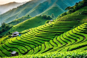 Behold the elegance of tea-picking in lush terraced fields at sunrise, a harmonious blend of nature's beauty and cultural tradition