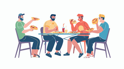 Men friends eating pizza together sitting at table 