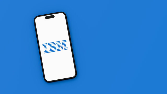 IBM Logo on Mobile Phone Screen on Blue Background with Copy Space
