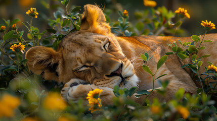 lion sleeping in wild