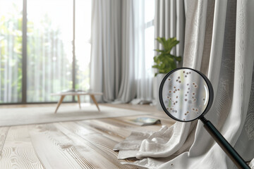 A black magnifying glass is used to look at a white curtain. The curtain has several mites on it, allergen concept in the home.