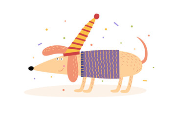 Funny cartoon dog on a white isolated background. Cute dachshund in a vest and a hat. Vector illustration in a flat style. Picture for the design of a children`s postcard, clothing, room, poster.