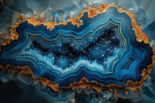A blue agate surface with gold veins, creating an abstract pattern of fluid lines and intricate details. Created with Ai