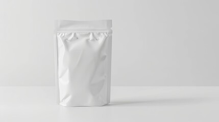 A blank white aluminum foil plastic pouch bag sachet as a packaging mockup isolated on a white background 