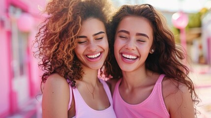 Fototapeta premium Two women in pink shirts smiling at each other, AI
