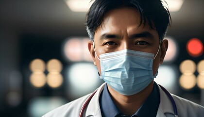 Doctor on blur hospital background,wearing mask for work.