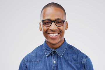 Happy, portrait and black man in studio for creative career at media company, magazine and...