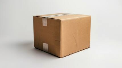 A closed, taped cardboard parcel box isolated on a white background