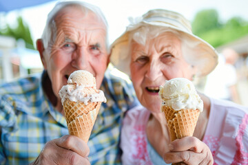 Happy senior couple laughing while eating ice cream. Senior couple enjoy eating ice cream together. Joyful elderly lifestyle concept. Selective focus. 