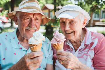 Happy senior couple laughing while eating ice cream. Senior couple enjoy eating ice cream together. Joyful elderly lifestyle concept. Selective focus. 