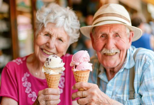 Happy senior couple laughing while eating ice cream. Senior couple enjoy eating ice cream together. Joyful elderly lifestyle concept. Selective focus. 