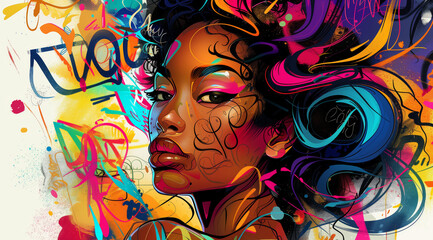 Beautiful black woman with hair made in the style of graffiti, digital art style illustration painting