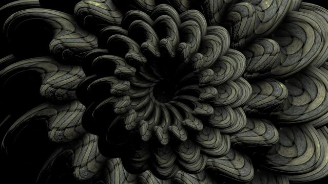Grey monochrome floral spiral shapes in looped animated background. 