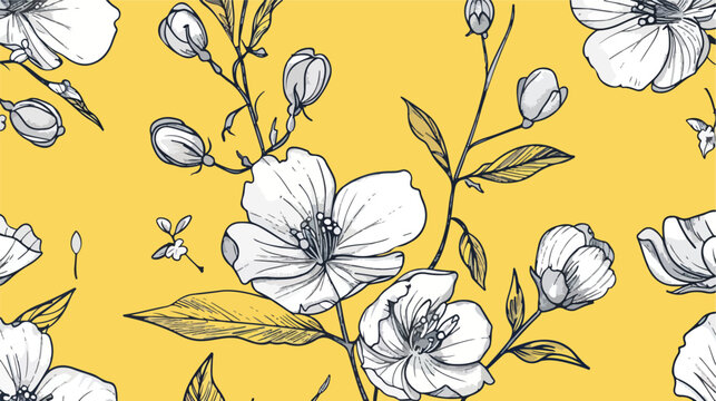 Monochrome seamless pattern with spring tender blooming