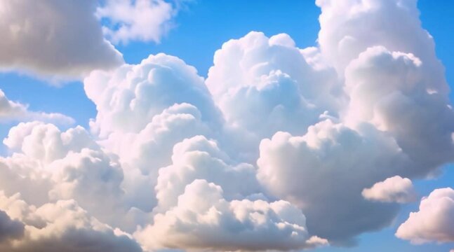 Pan shot of cartoon clouds drifting lazily across a bright blue sky.
