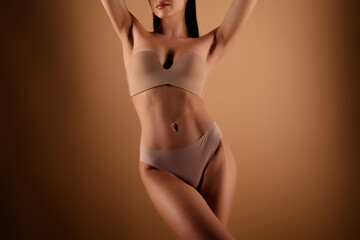 Naklejka premium Cropped photo of attractive girl wear lingerie with slim body feel tenderness isolated pastel color background