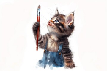 Watercolor illustration of a cute pretty kitten with an art brush and an apron