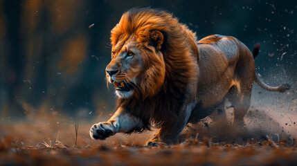 Naklejka premium lion running in the wild