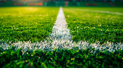 A field for playing football. White lines marking the boundaries of the soccer field on green grass close up, selective focus close up with space for text or inscriptions  - Powered by Adobe
