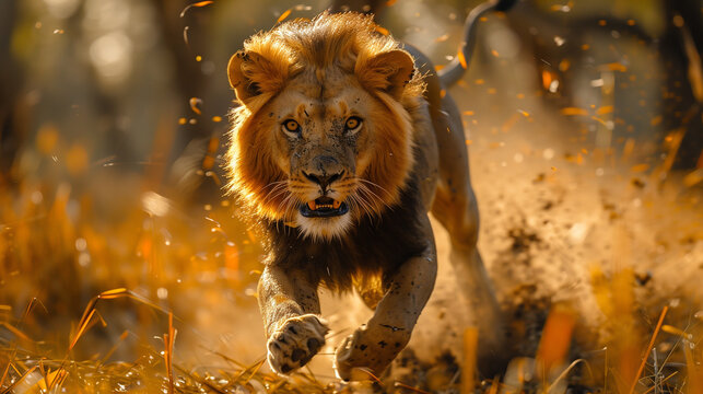 lion running in the wild