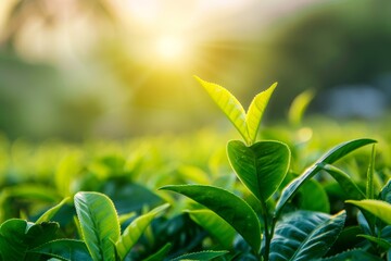 Focused closeup on top of morning green tea leaf with blurred tea plantation background - obrazy, fototapety, plakaty
