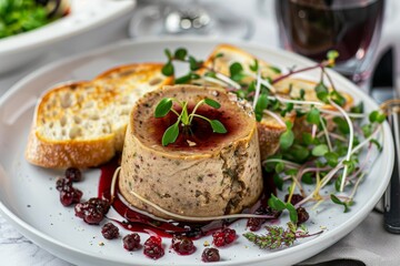 Foie gras pate with berry sauce sprouts and toasts on marble background with drinks The food is healthy and close up