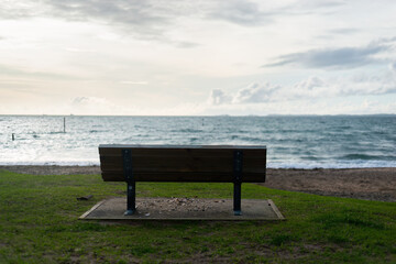 Empty bench on an empty beach. Auckland. - 788034919