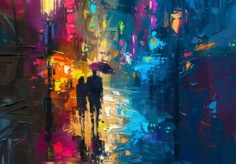 Fototapeta na wymiar Abstract colorful painting of a night street with people, in the style of impressionism, with a dark and mysterious mood, high resolution