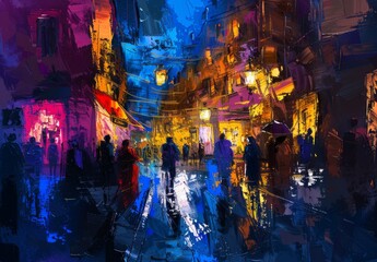 Abstract colorful painting of a night street with people, in the style of impressionism, with a dark and mysterious mood, high resolution
