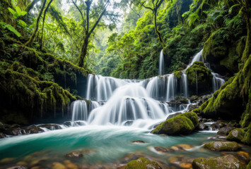 Fototapeta na wymiar A majestic waterfall cascading down amidst a dense jungle, its rushing waters cutting through lush greenery and creating a mesmerizing natural spectacle.. AI generated.