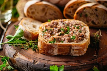 Fresh bread and tasty meat pate on table close up - obrazy, fototapety, plakaty