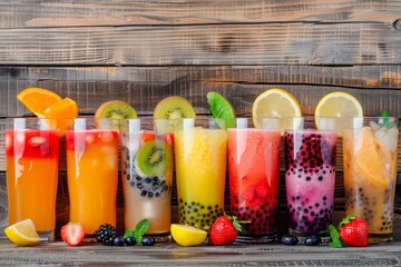 Fresh boba tea glasses on wooden surface with fruit slices Delicious summer refreshment