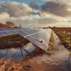 Solar power panels outdoors in a flooded field due to high rainfall climate crisis