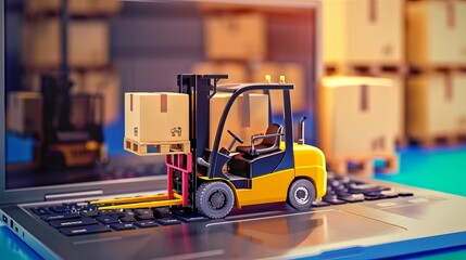 A forklift moves a pallet with a box carton atop a laptop depicting global e-commerce and supply chain scenarios - obrazy, fototapety, plakaty