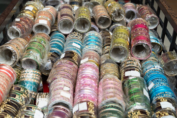 Fototapeta premium Colorful Indian bracelets for sale in the retail shop.