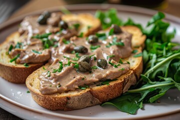 Fresh homemade foie gras pate on toast with greens and capers - obrazy, fototapety, plakaty