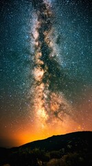 A man standing on a hill looking up at the milky way, AI