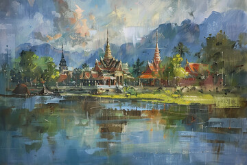 An ancient town unfolds in a stunning Thai painting, its temples and bustling streets rendered in a vibrant tapestry of colors and intricate lines.