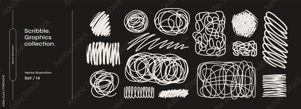 Fototapete Set of drawn chaotic white lines and squiggles on a black background. Wavy lines and shaded spots. Sketches with pencil or marker in scribble style. Monochrome vector illustration.