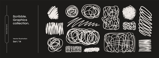 Set of drawn chaotic white lines and squiggles on a black background. Wavy lines and shaded spots. Sketches with pencil or marker in scribble style. Monochrome vector illustration.