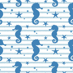 Marine pattern with a silhouette of a seahorse and starfish, blue stripes on a white background. Summer background for textile design, wrapping paper, wallpaper. Vector illustration, flat © SmartArtStudio