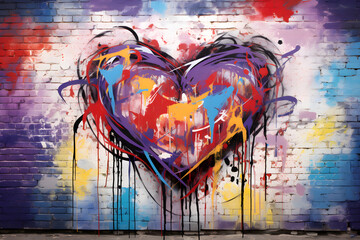 Abstract Heart Graffiti on Urban Brick Wall - A Loud Whisper of Street Art - obrazy, fototapety, plakaty